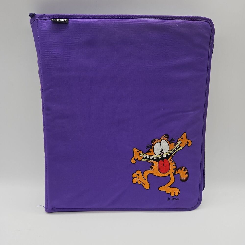 90s Purple Garfield Embroidered Mead 3-Ring Zip-Up Binder Organizer Vtg +Folders
